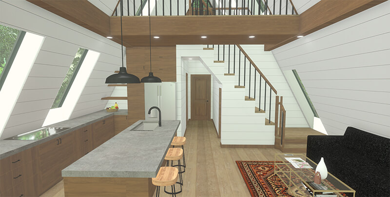 Interior photo of living area and kitchen