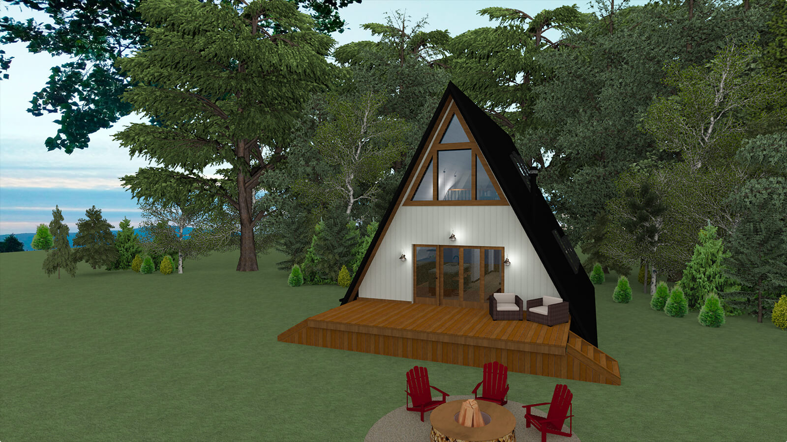 A-Frame cabin render in the forest