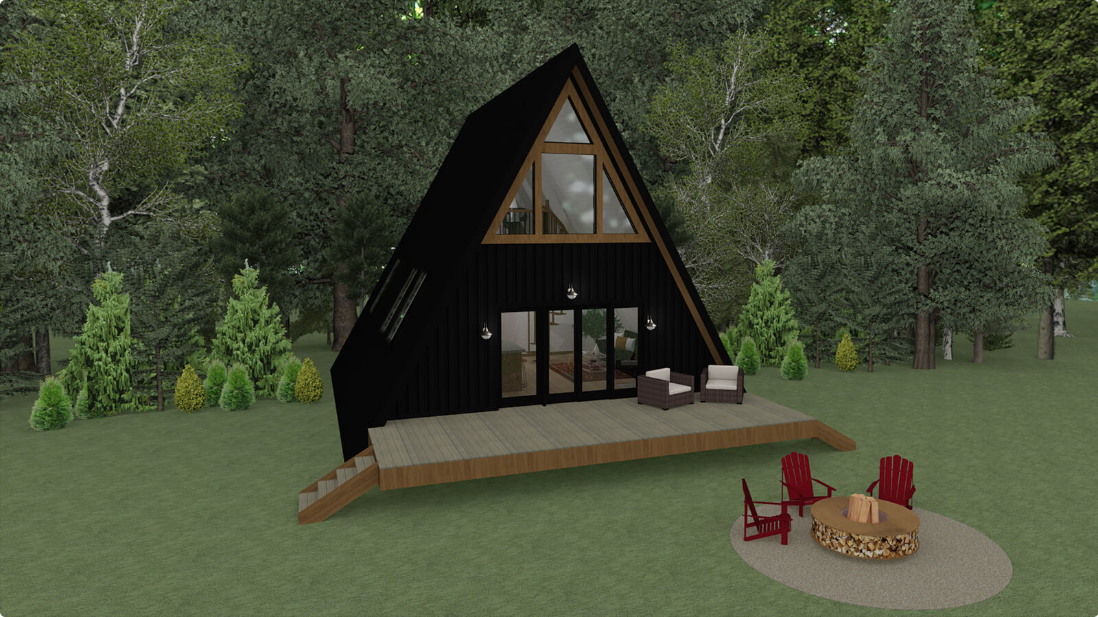 A-frame render with black exterior finish in the forrest